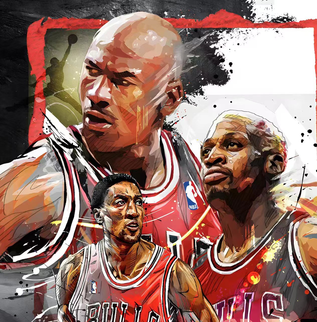 《OG–公牛三巨头》乔丹皮蓬罗德曼NBA公牛队装饰画