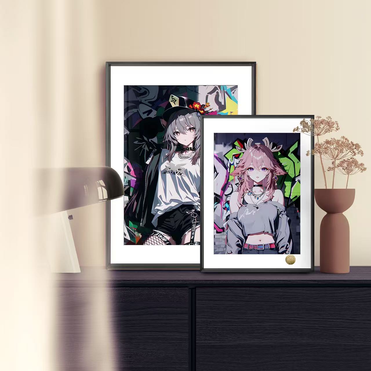 原神雷电将军胡桃八重神子涂鸦潮流装饰画